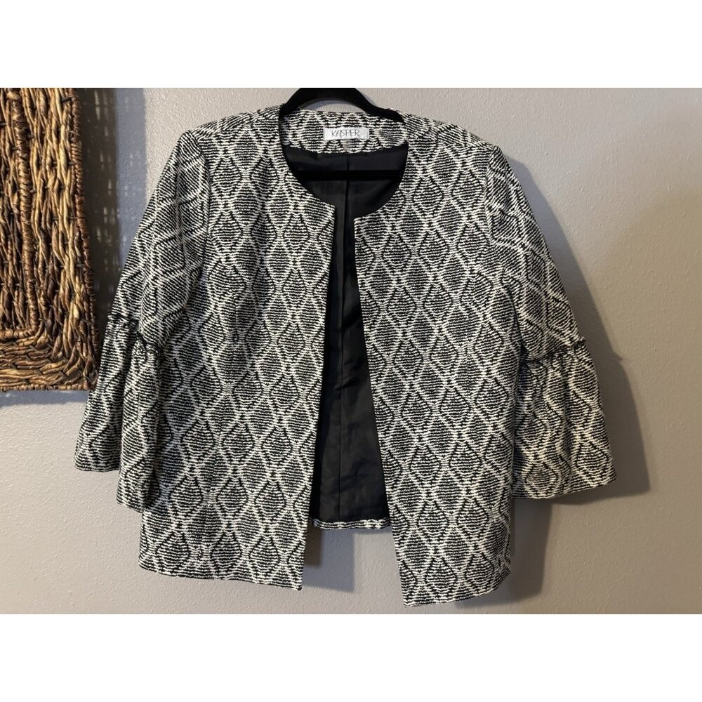 Kasper Suit Jacket Blazer 16 Black White Diamond Classic Open Stretch - Picture 14 of 14